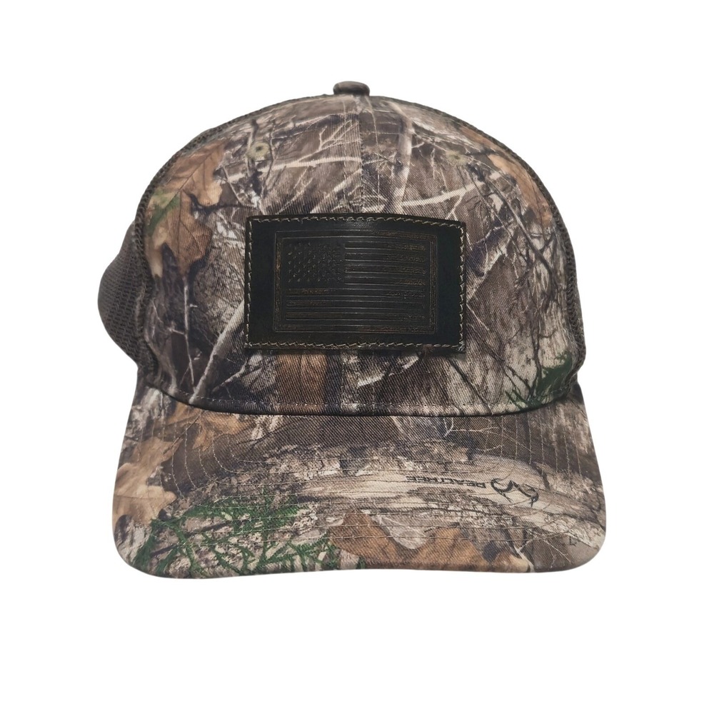 Realtree Edge Camo Hat American Flag Leather Patch Trucker Mesh Snapback Cap